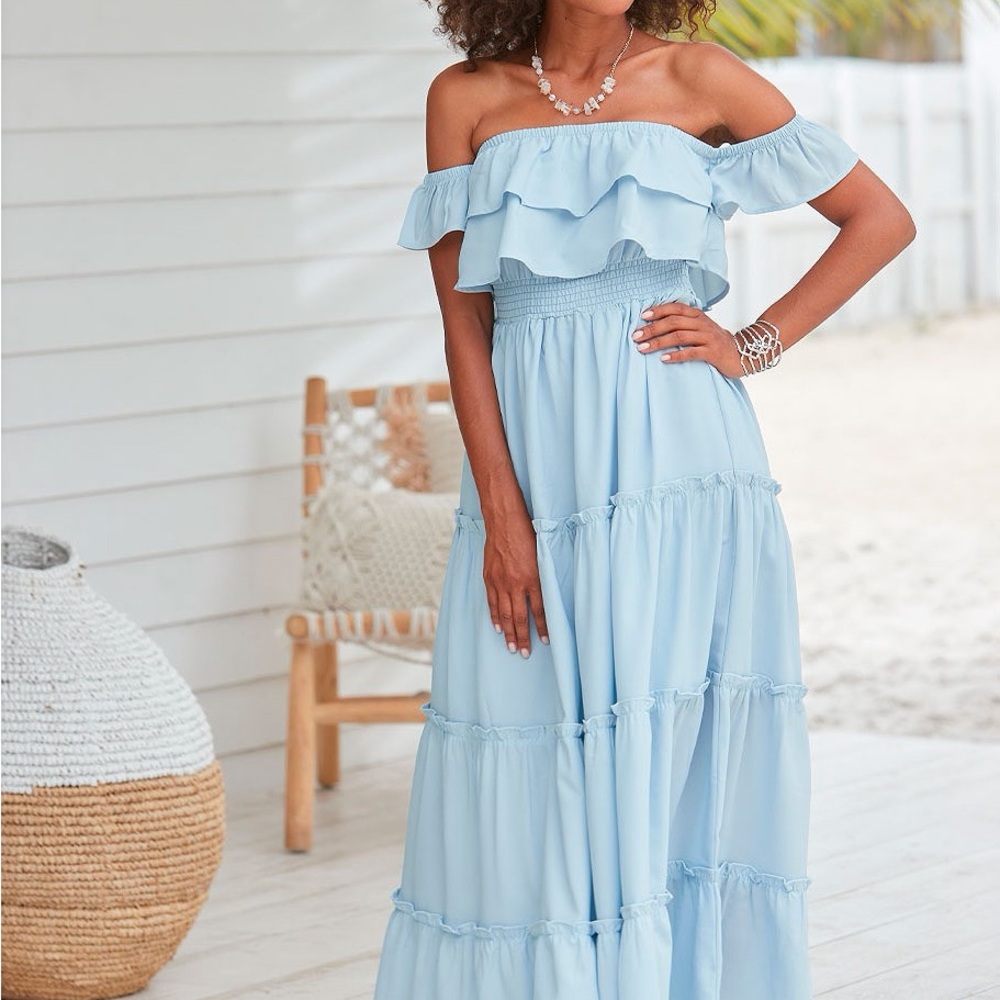 Lascana (Victoria Secret) Light Blue off the shoulder tiered Maxi Dress - Picture 11 of 13